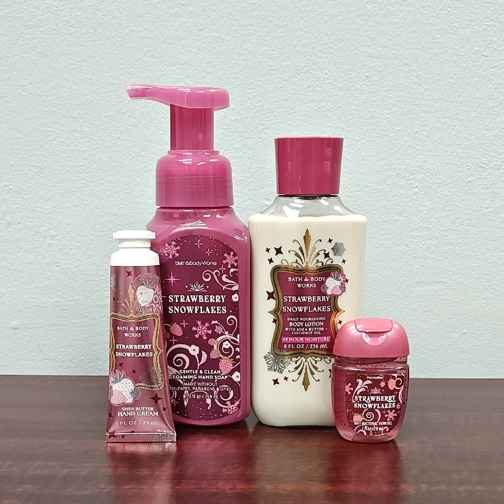 Bath & Body Works STRAWBERRY SNOWFLAKES 4 Piece Hand & Body Care Bundle